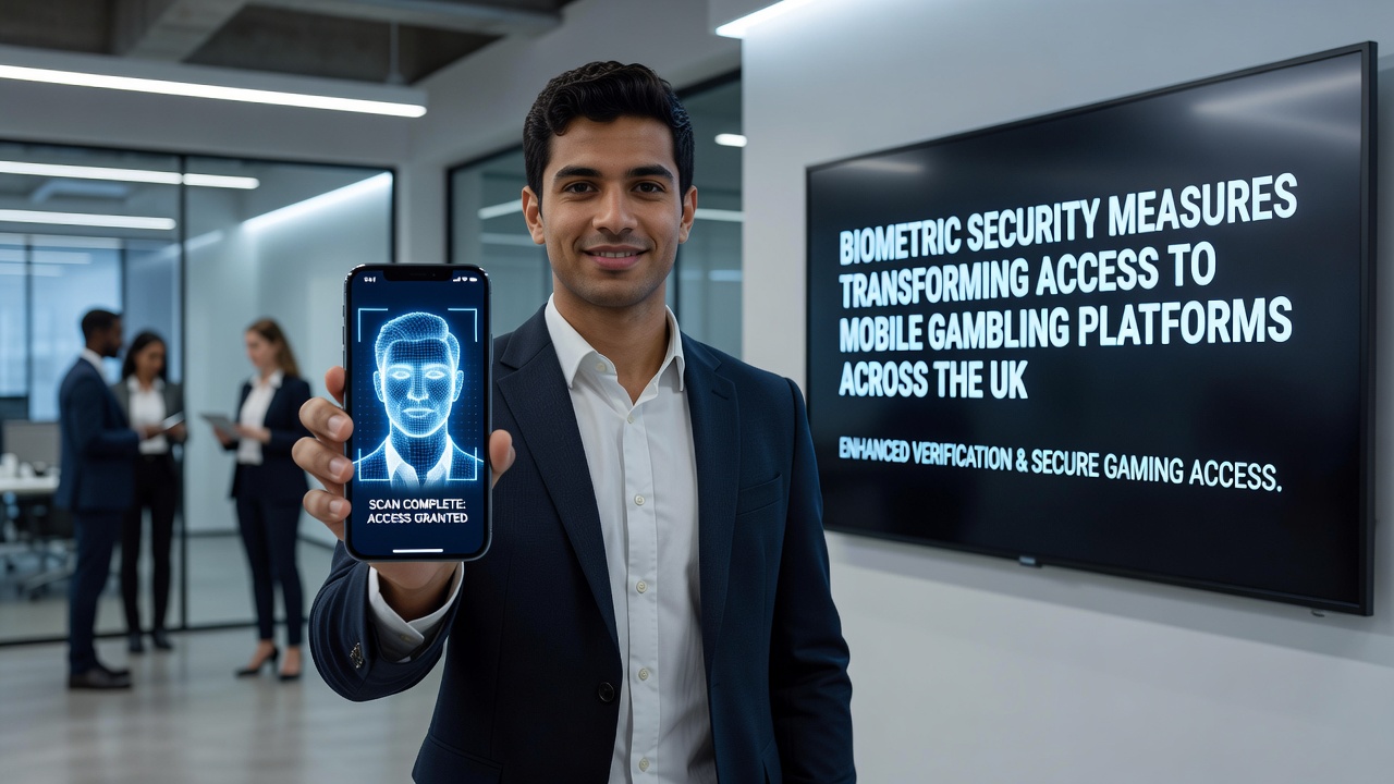 Close-up of a smartphone screen showing secure biometric login for a UK mobile casino app