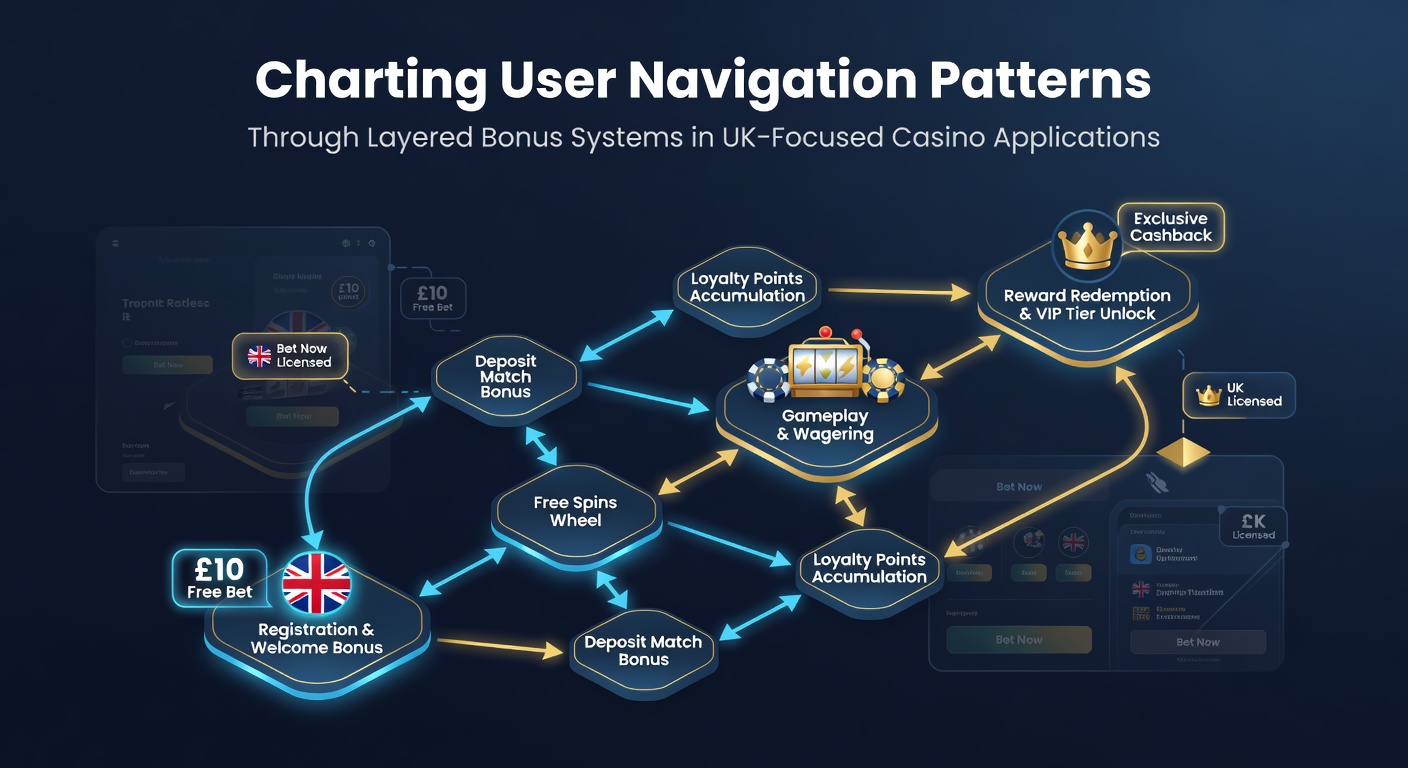 Illustration of layered bonus navigation flows in UK casino mobile apps showing progression paths and user engagement metrics