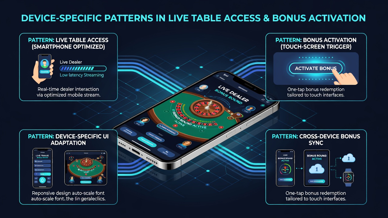 Split view of Android and iOS smartphone screens side by side showing live dealer casino interfaces and active bonus notifications