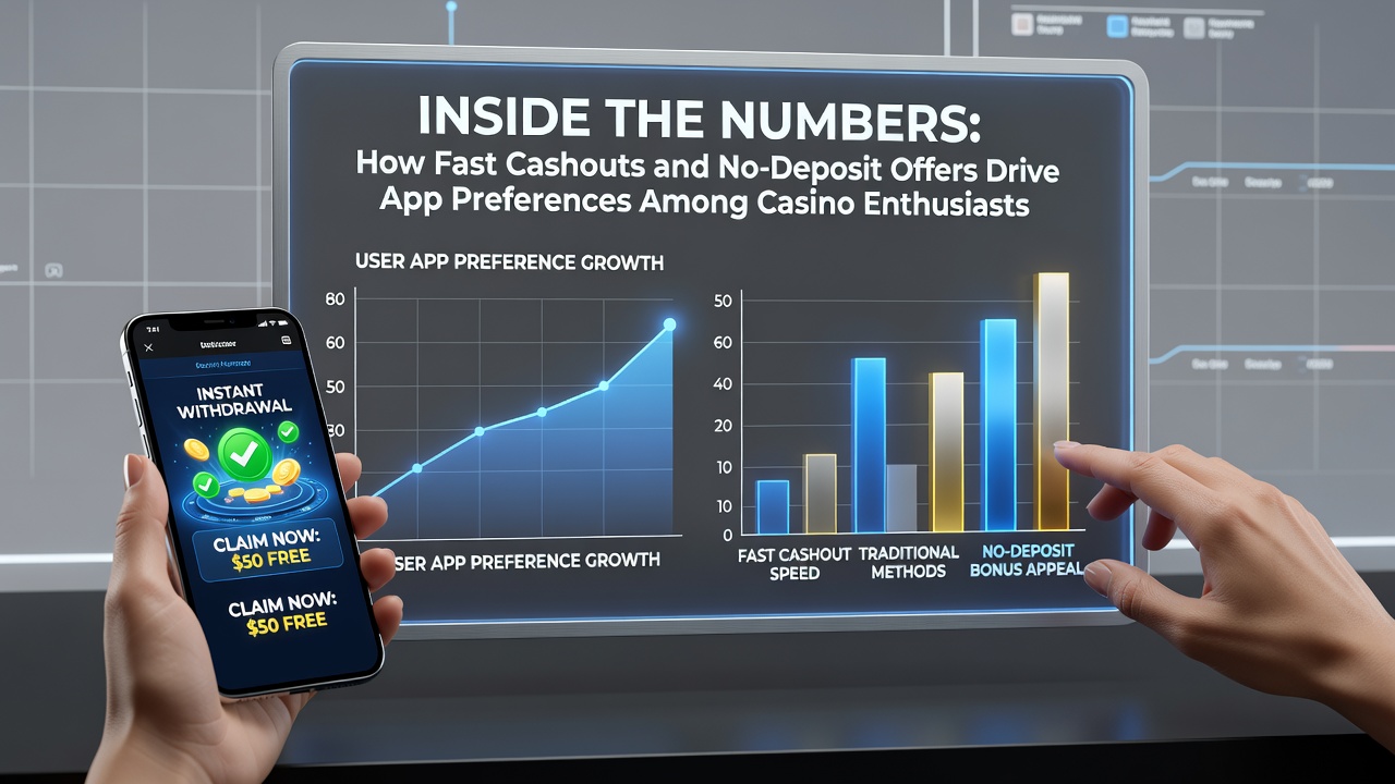 Mobile screens displaying casino apps with highlighted fast cashout and bonus features