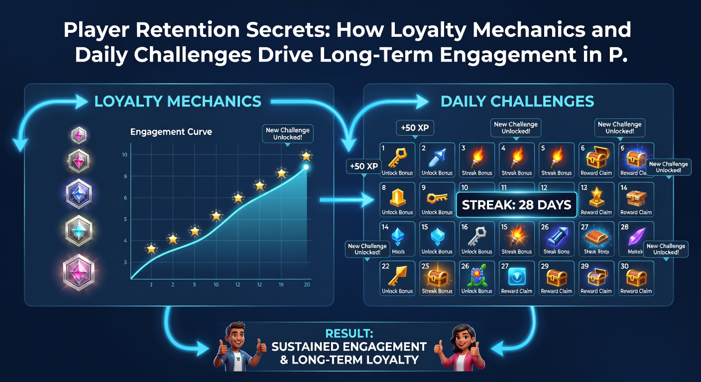 Analytics dashboard displaying player retention metrics tied to loyalty tiers and challenge completion rates