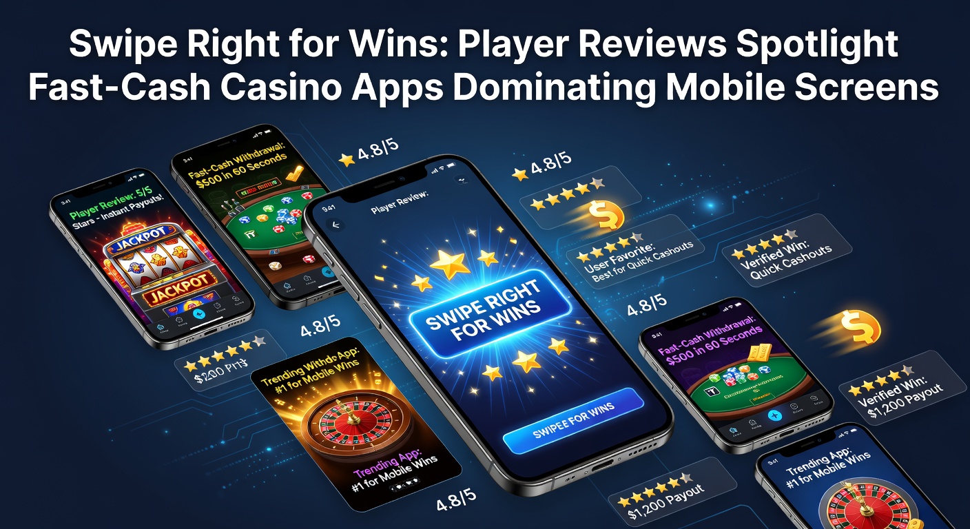 Vibrant mobile phone screen showing a casino app interface with colorful slots, quick cashout buttons, and glowing player review stars